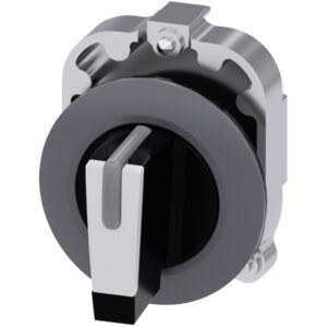 3SU1062-2DL60-0AA0 Selectora 3 Posiciones, Sostenida, Anillo Frontal, Metal, Manilla Corta, Color Negro Y Blanco.